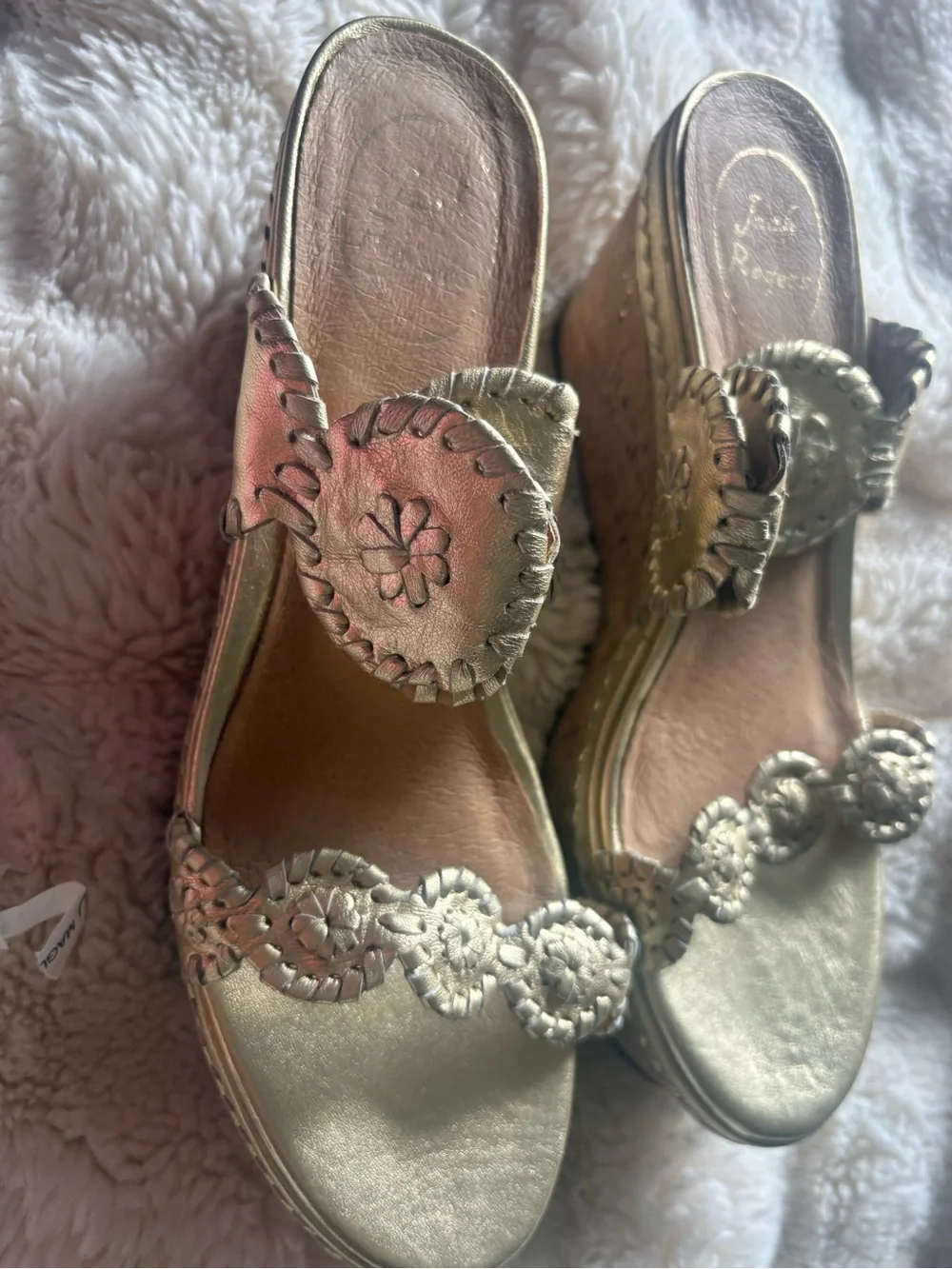 Jack Rogers Gold Wedge Sandals with Whipstitch Floral Appliqué